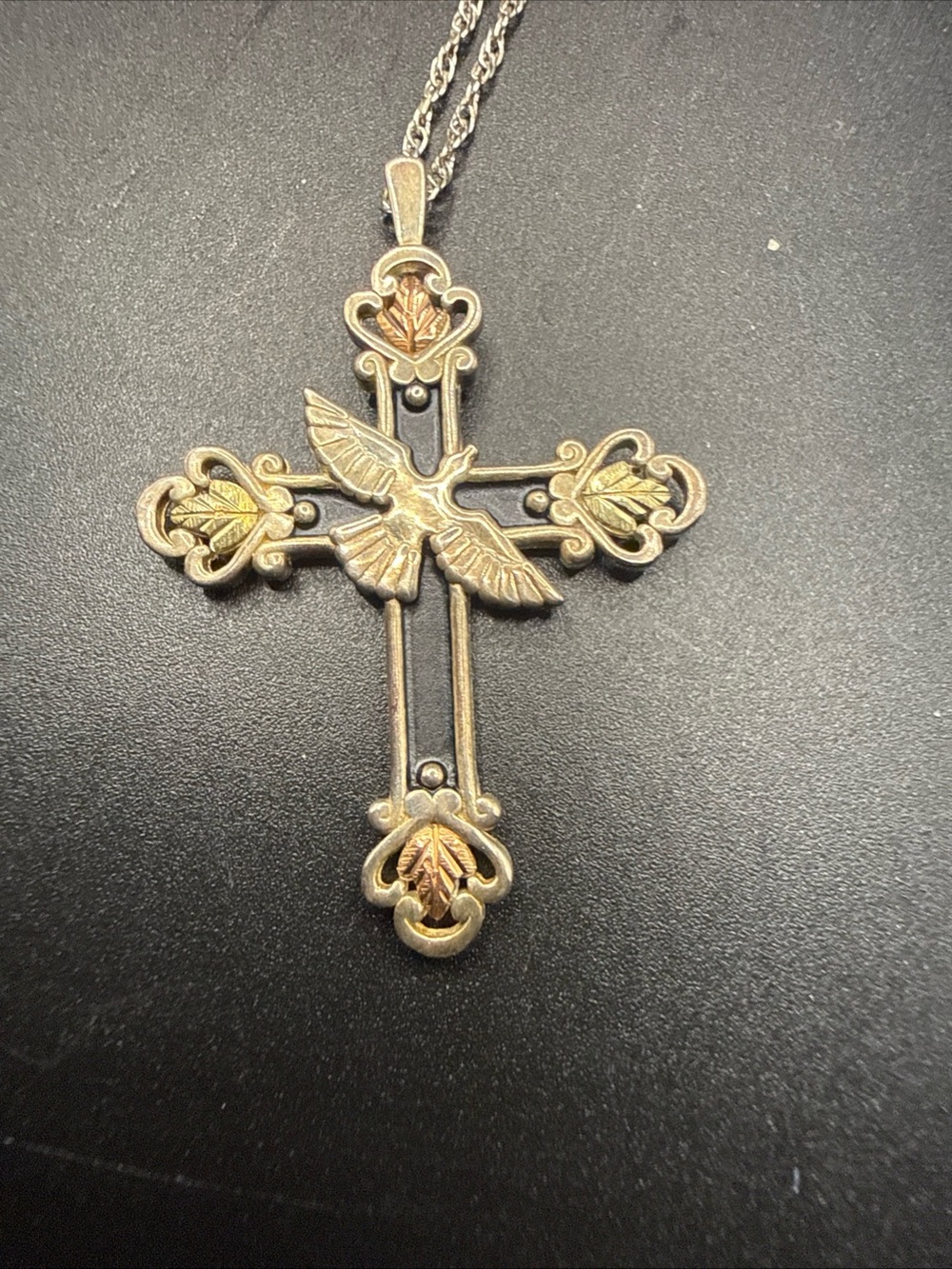 Black Hills Gold Coleman Co. 925 Sterling &12k Gold Filigree Cross Necklace18"